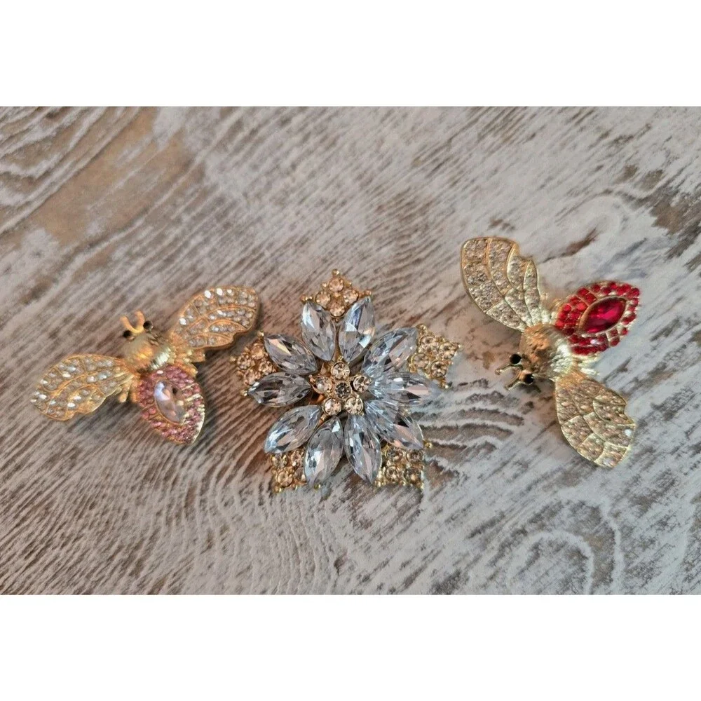 Gold Tone Bee And Rhinestone Flower Brooch Lot Sparkly Insect Floral Pins #334